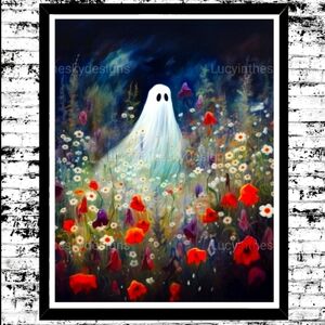 Halloween Ghost in Wildflower Field Boho Art Print Home Decor 8.5x11